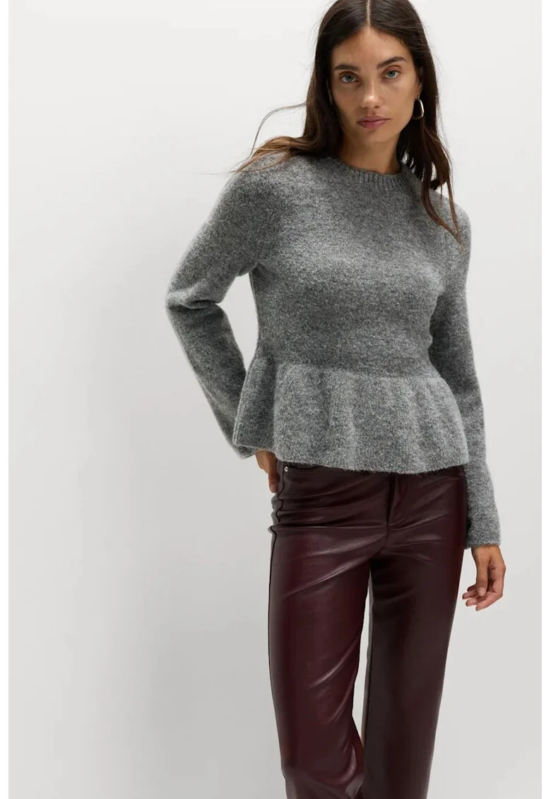 Pulover slim fit cu peplum, Gri melange