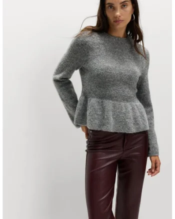 Pulover slim fit cu peplum, Gri melange