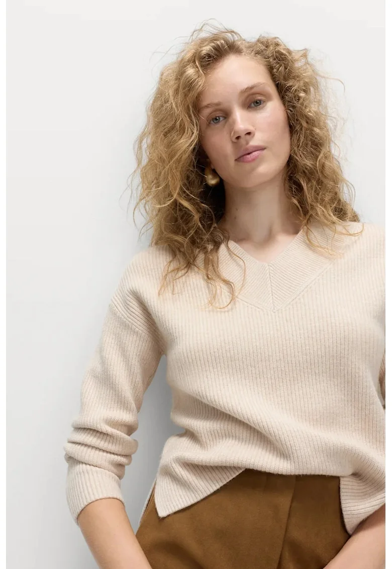 Pulover relaxed-fit cu decolteu in V, Bej