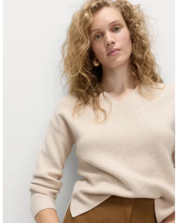Pulover relaxed-fit cu decolteu in V, Bej