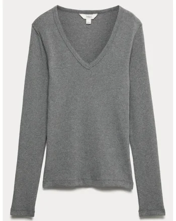 Bluza slim fit cu decolteu in V, Gri cenusiu