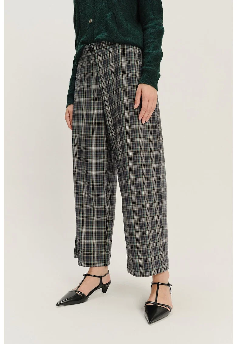 Pantaloni din amestec de modal cu croiala ampla si model in carouri, Verde pal/Albastru indigo/Alb murdar