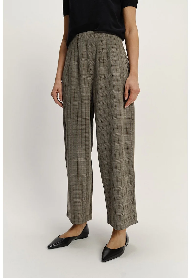 Pantaloni in carouri cu croiala ampla, din amestec de modal, Maro taupe