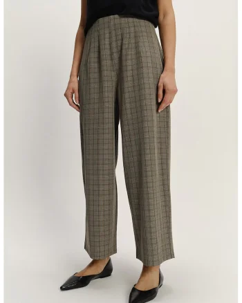 Pantaloni in carouri cu croiala ampla, din amestec de modal, Maro taupe