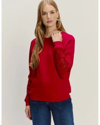 Bluza de trening cu aplicatii florale, Rosu