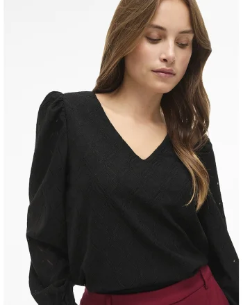 Bluza cu decolteu in V si maneci bufante, Negru
