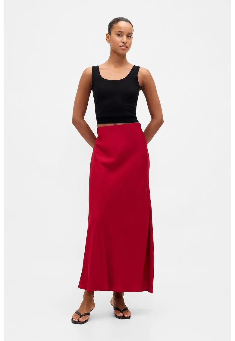 Fusta maxi satinata cu slit lateral, Rosu