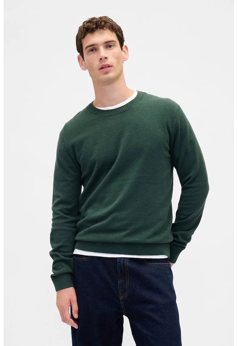 Pulover slim fit cu decolteu la baza gatului CashSoft, Verde inchis