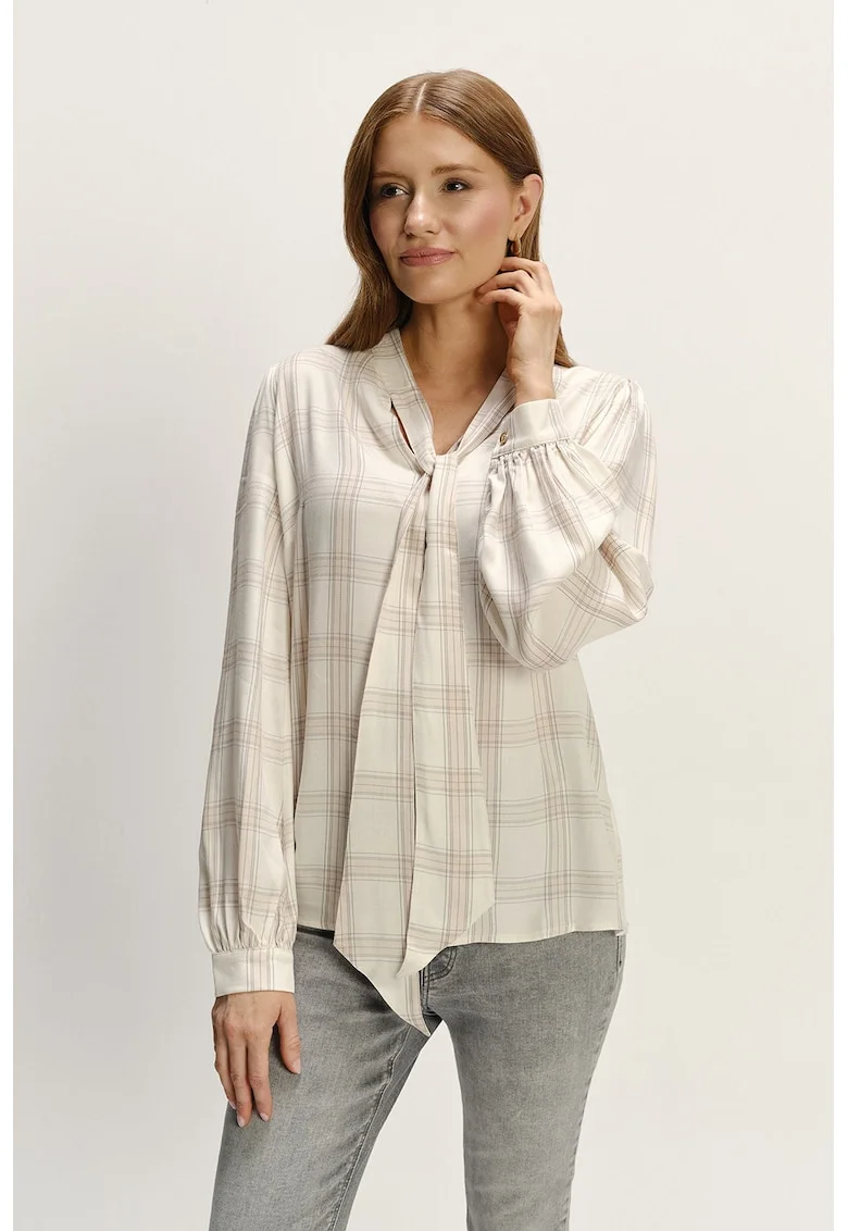 Bluza in carouri cu guler cu funda, Bej deschis