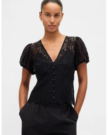 Bluza din dantela cu decolteu in V, Negru