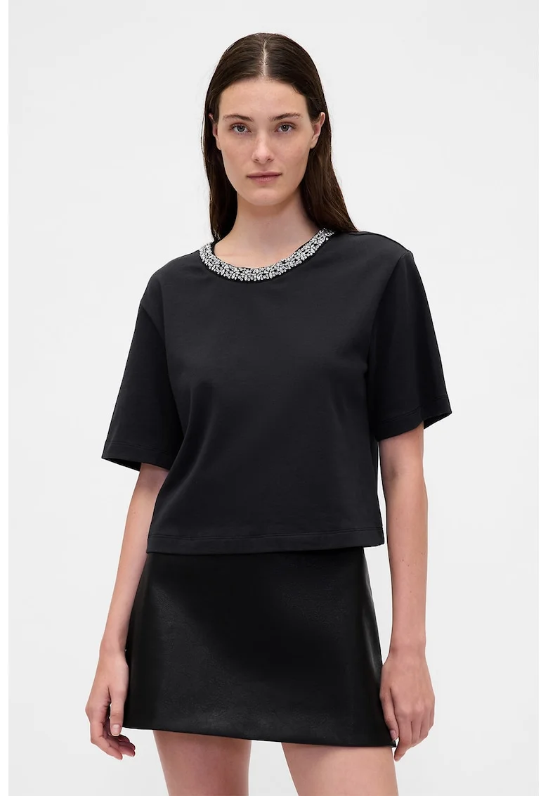 Tricou crop cu decolteu-bijuterie, Negru