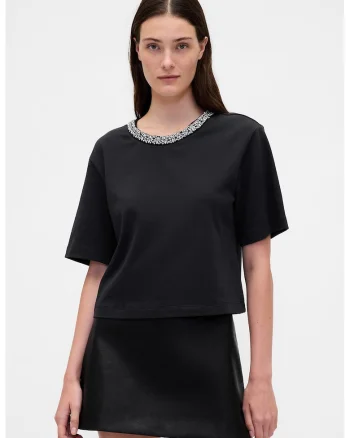 Tricou crop cu decolteu-bijuterie, Negru