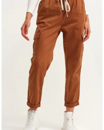 Pantaloni cargo cu snur de ajustare in talie, Portocaliu stins
