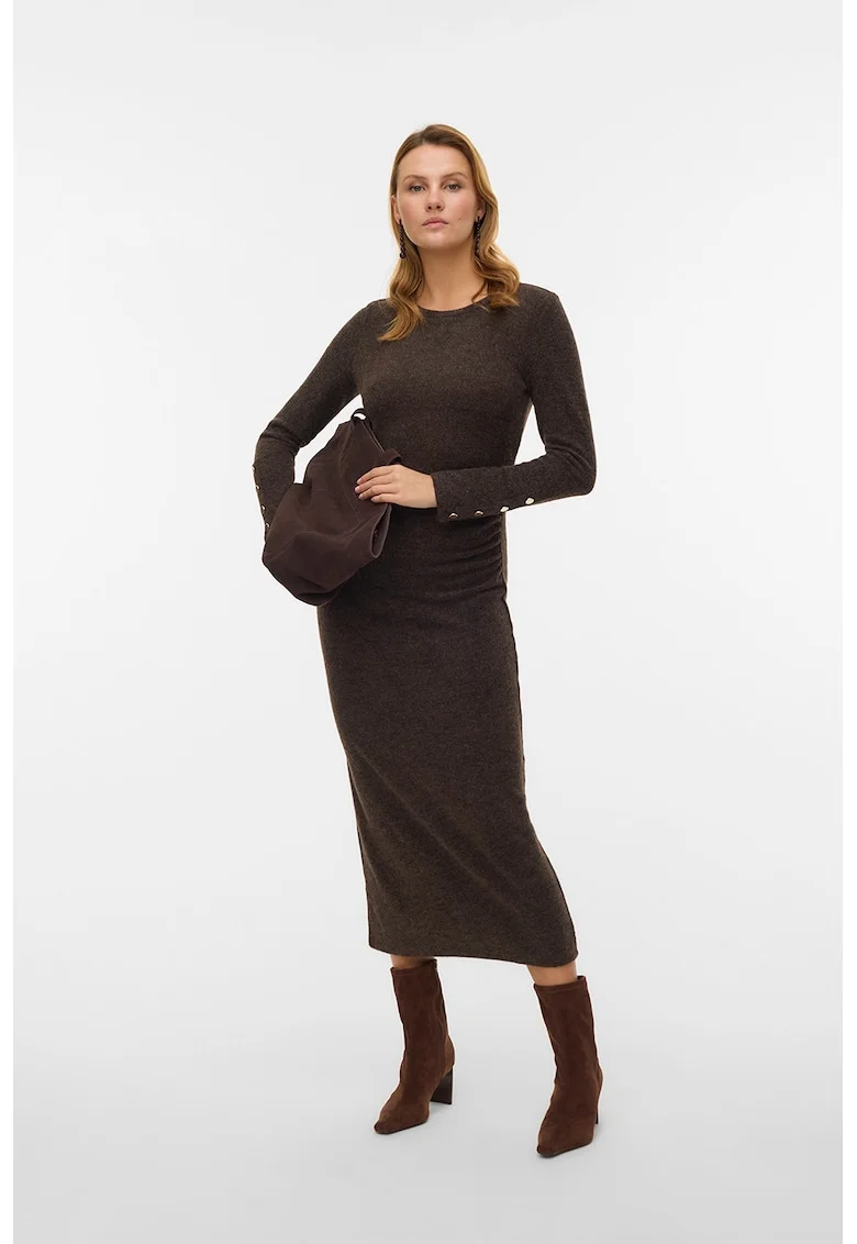 Rochie midi din tricot cu fronseu lateral, Maro inchis