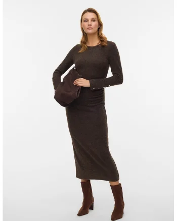 Rochie midi din tricot cu fronseu lateral, Maro inchis