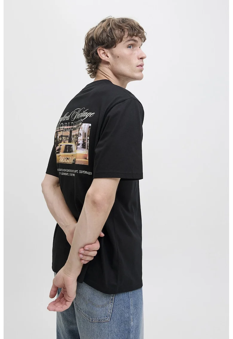 Tricou de bumbac organic cu imprimeu pe partea din spate, Negru