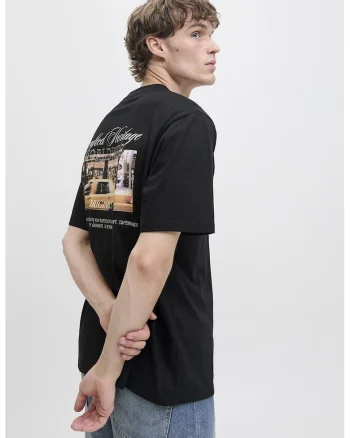 Tricou de bumbac organic cu imprimeu pe partea din spate, Negru