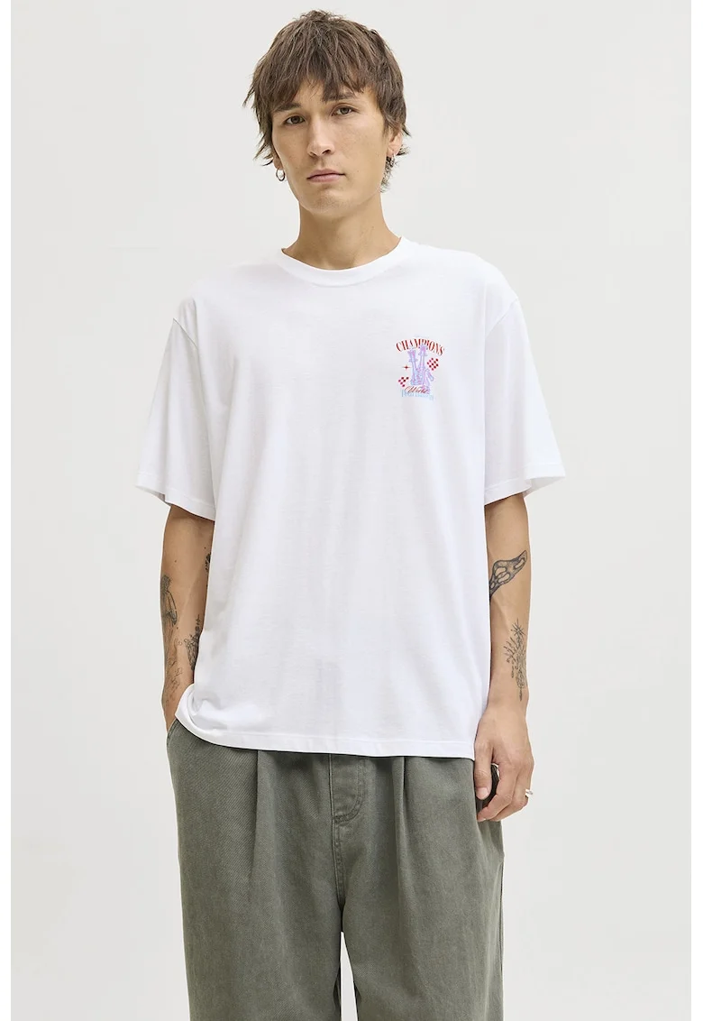 Tricou din bumbac organic cu imprimeu grafic, Rosu/Alb