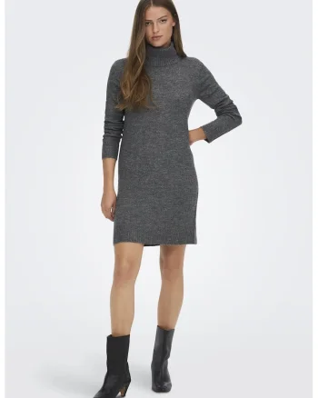 Rochie-pulover tricotata fin cu guler inalt, Gri melange