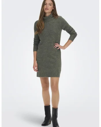 Rochie-pulover tricotata fin cu guler inalt, Verde melange