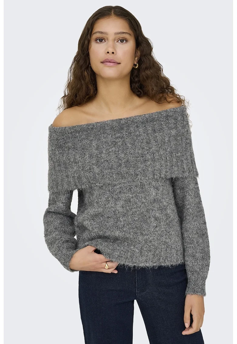 Pulover din amestec de lana cu decolteu pe umeri, Gri inchis melange