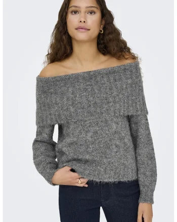 Pulover din amestec de lana cu decolteu pe umeri, Gri inchis melange