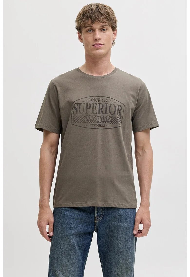 Tricou de bumbac cu imprimeu si decolteu la baza gatului, Maro taupe