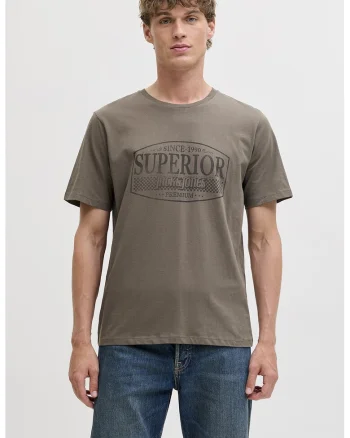 Tricou de bumbac cu imprimeu si decolteu la baza gatului, Maro taupe