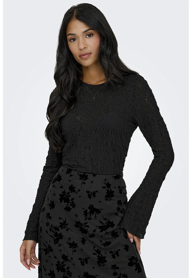 Bluza din amestec de bumbac cu dantela, Negru