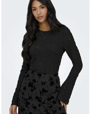 Bluza din amestec de bumbac cu dantela, Negru