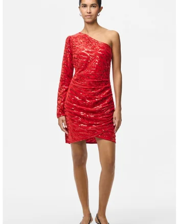 Rochie scurta cu paiete si decolteu pe un umar, Rosu vermillion