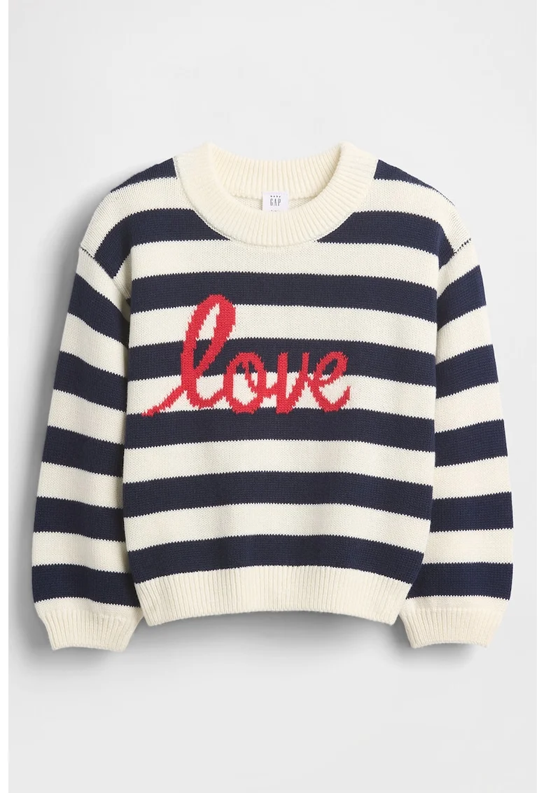 Pulover din bumbac cu model si maneci cazute, Rosu/Alb fildes/Albastru ultramarin