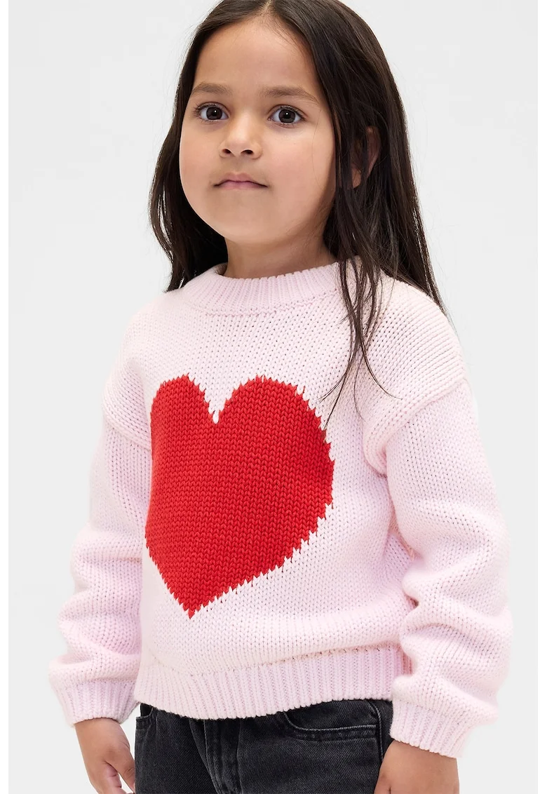 Pulover din bumbac cu model si maneci cazute, Rosu/Roz pastel