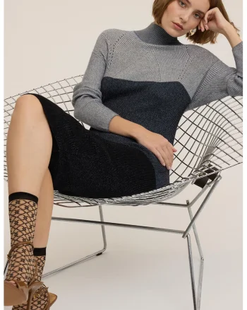 Rochie midi cambrata din amestec de lana, Negru/Gri deschis/Gri inchis