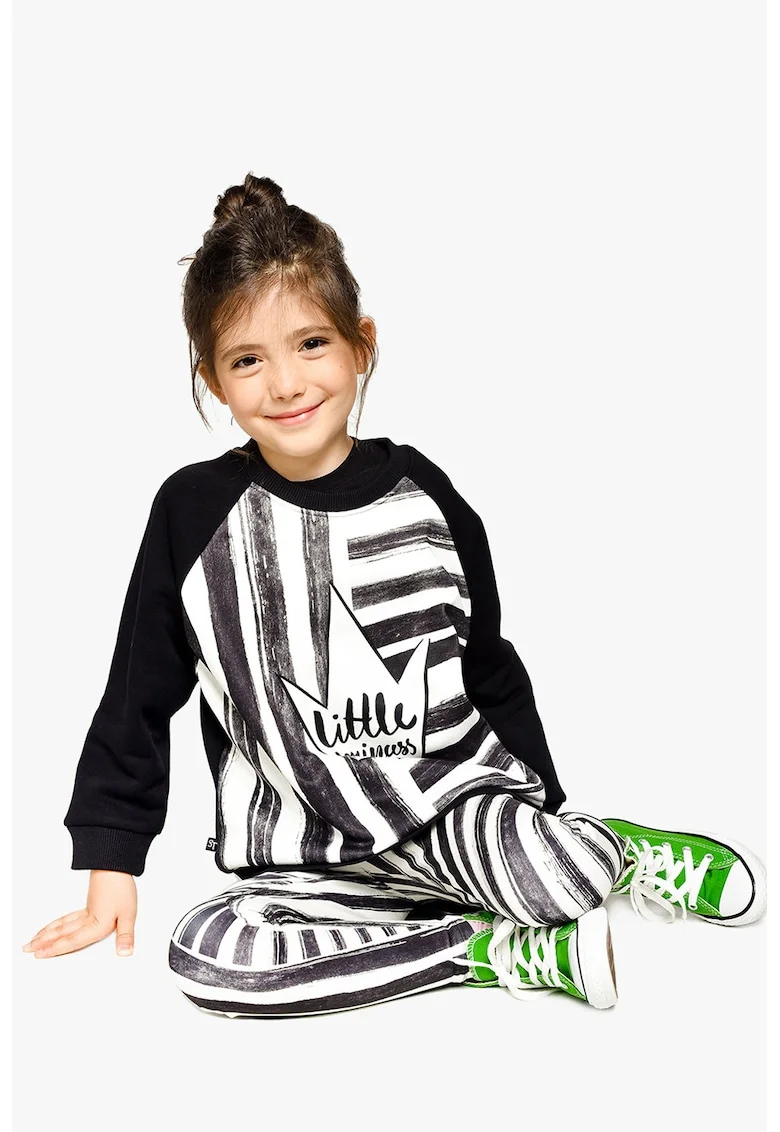 Bluza de trening cu imprimeu frontal cu model in dungi, Alb/Negru/Gri antracit