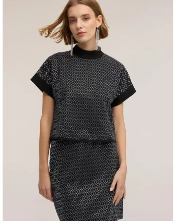 Bluza cu guler scurt si strasuri, Negru stins/Albastru azur/Argintiu