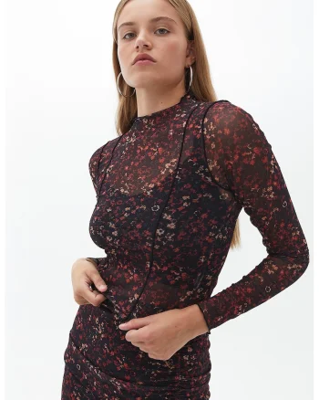 Bluza crop cu model geometric, Negru stins/Rosu stins