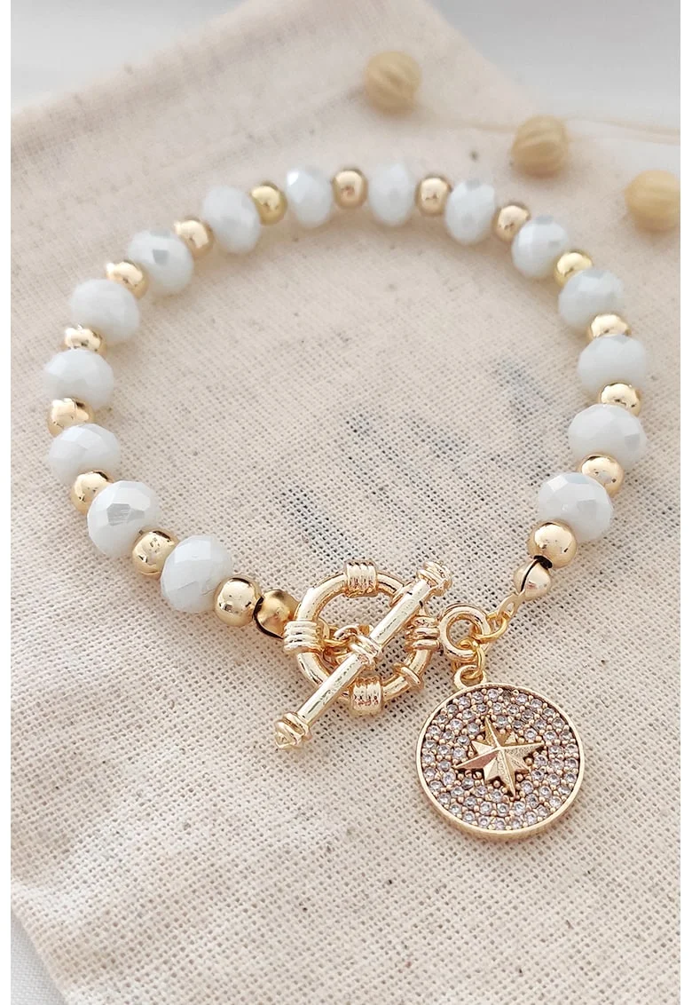 Bratara cu talisman cu cristale zirconia, Auriu, Alb, Alb/Auriu