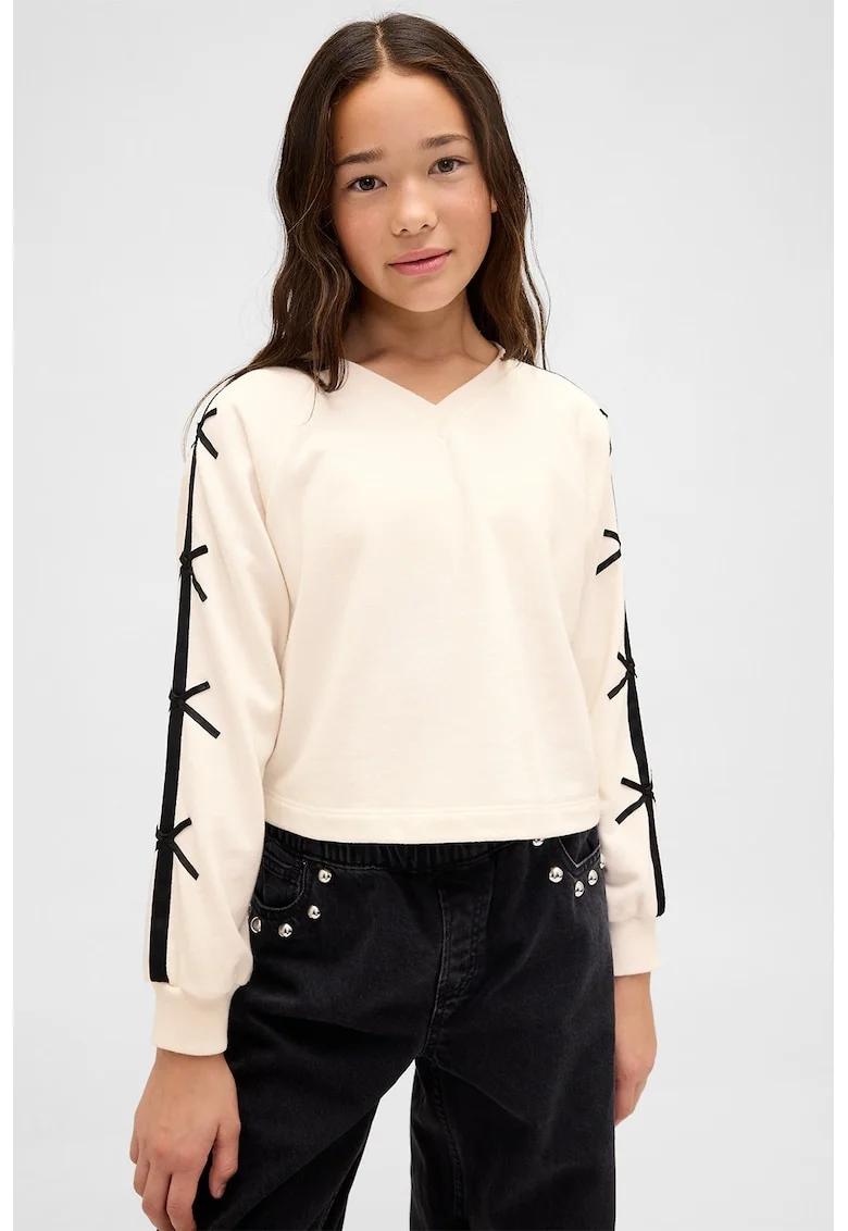 Bluza de trening cu decolteu in V si dungi contrastante, Alb fildes/Negru