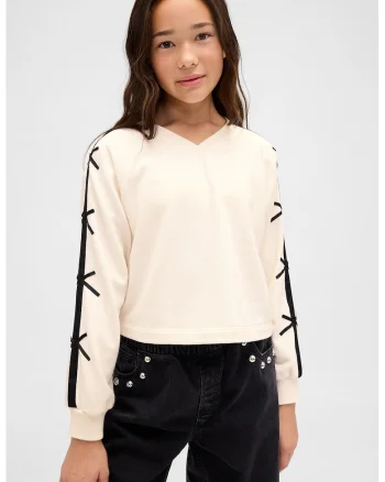Bluza de trening cu decolteu in V si dungi contrastante, Alb fildes/Negru