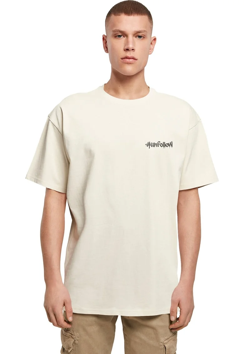 Tricou lejer cu decolteu la baza gatului si imprimeu text, Maro nisip