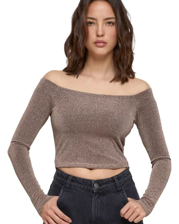 Bluza crop stralucitoare, Maro taupe