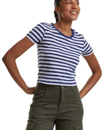 Tricou crop cu model in dungi, Alb/Albastru inchis