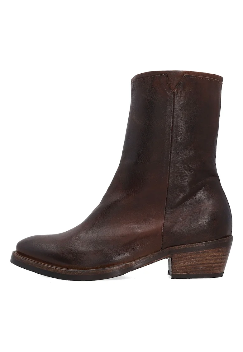 Botine din piele cu toc masiv, Maro