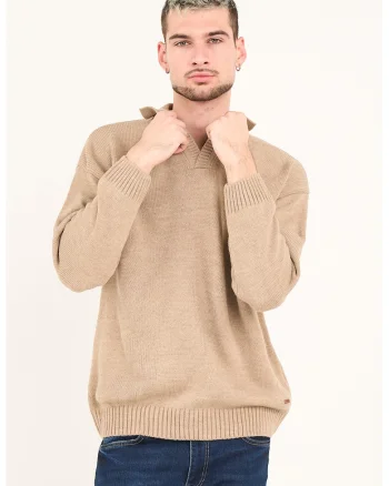 Pulover cu model uni si guler, Maro nisip
