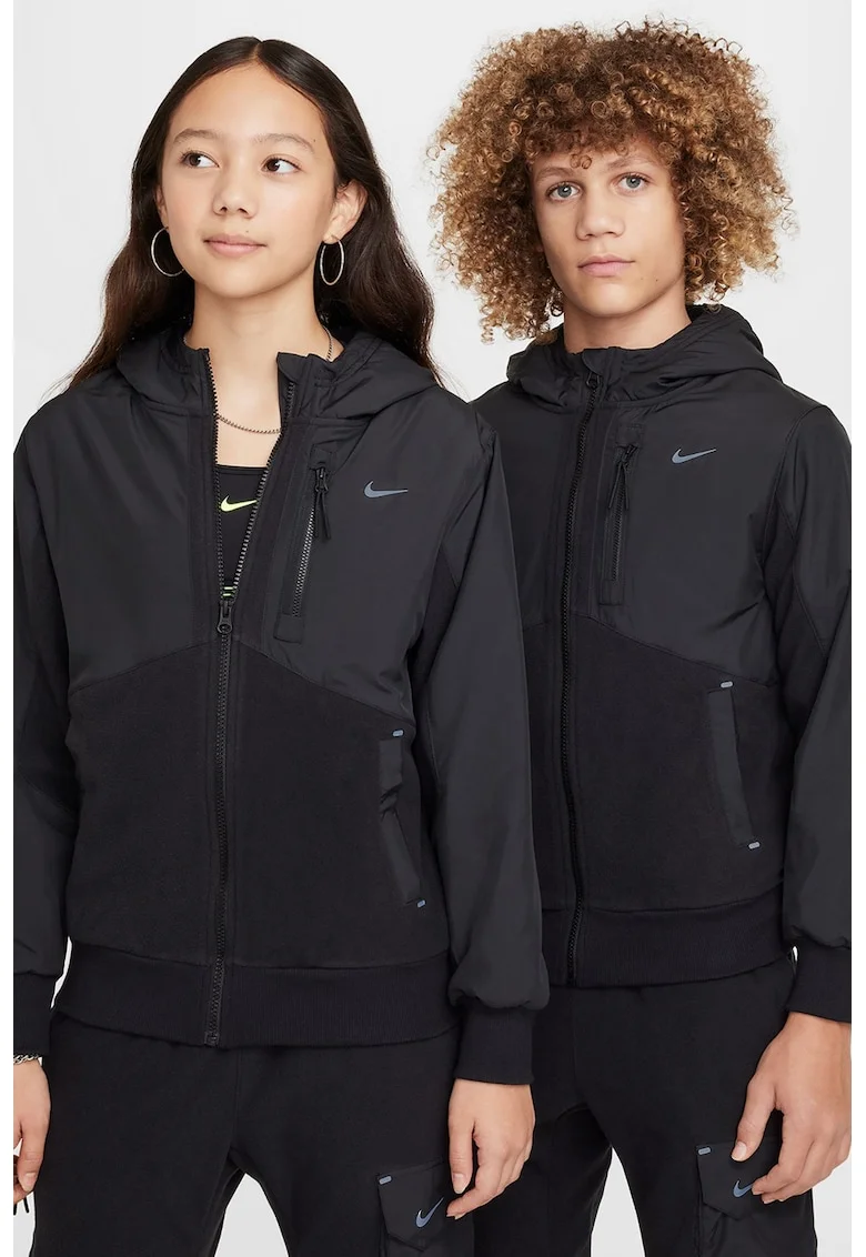 Hanorac cu fermoar si detalii din fleece, Negru