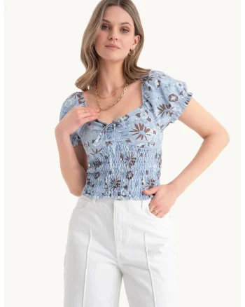 Top ,  floral, decolteu inima, maneci bufante, multicolor, jerseu
