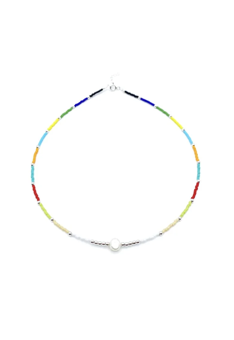Colier cu Perla naturala, elemente din Argint 925 si margele Miyuki, Multicolor/Argintiu