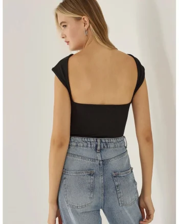 Top scurt,  Crop Top cu Deschis, Negru, Negru
