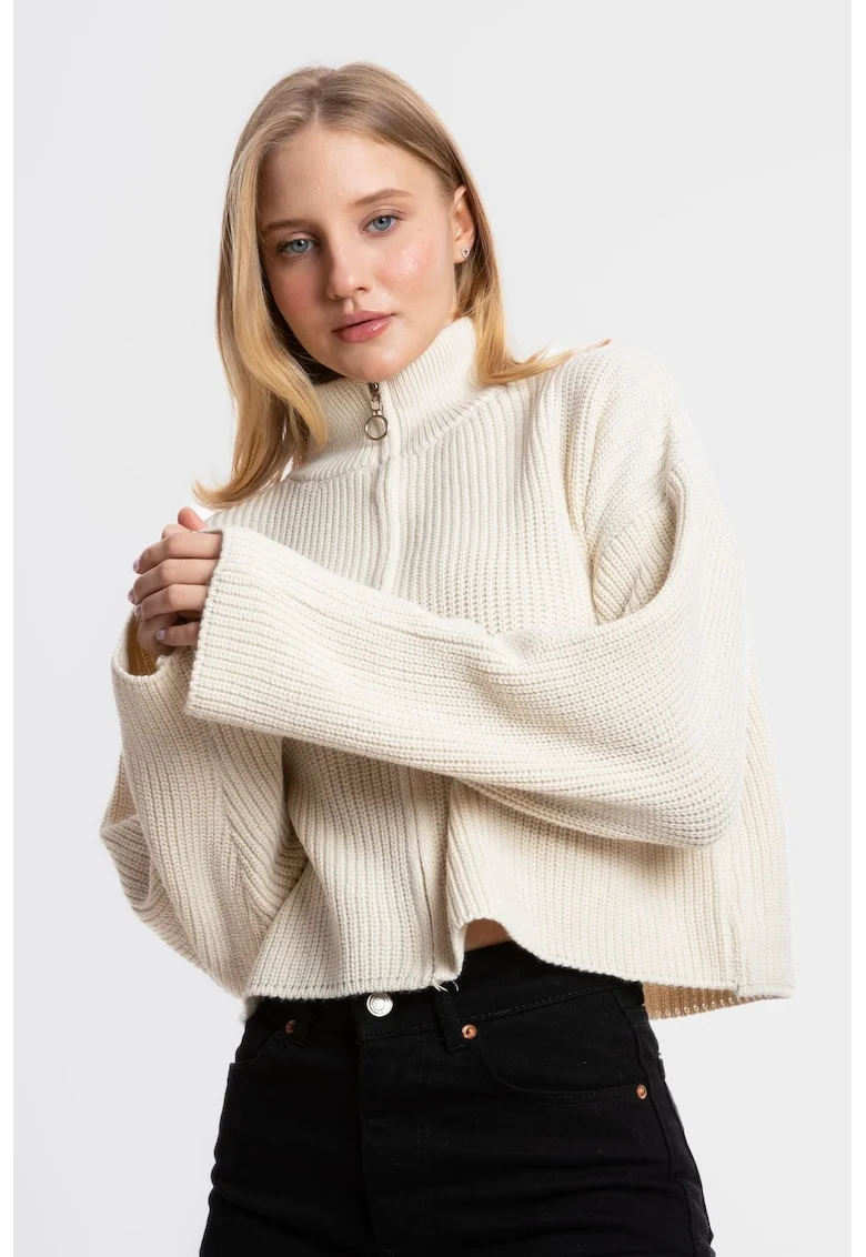 Pulover dama,  supradimensionat, guler inalt, crem, tricot, Bej